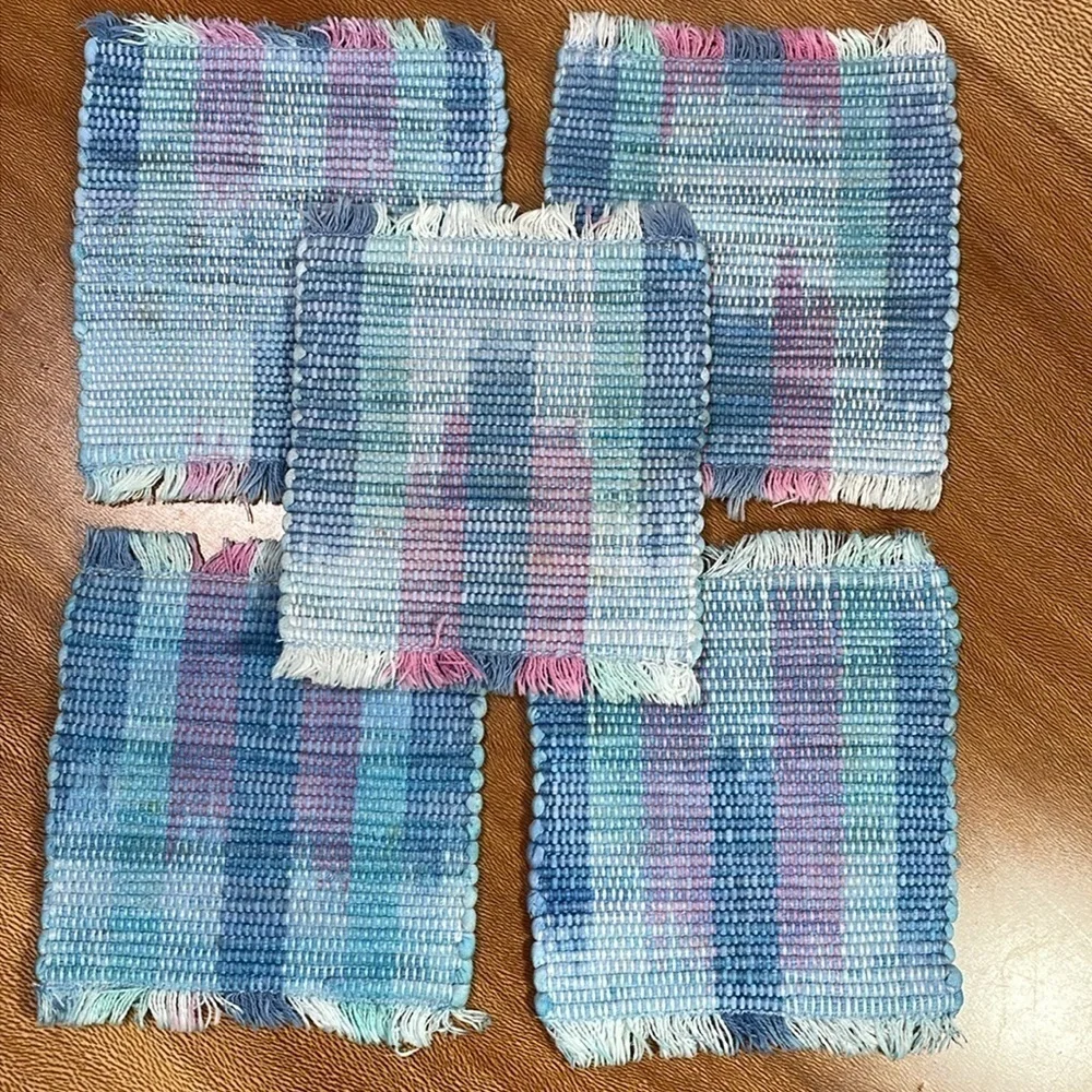 Vintage 90’s Woven Mug Rugs Coaster Cup Place Mats Turquoise Pink Blue Bohemian